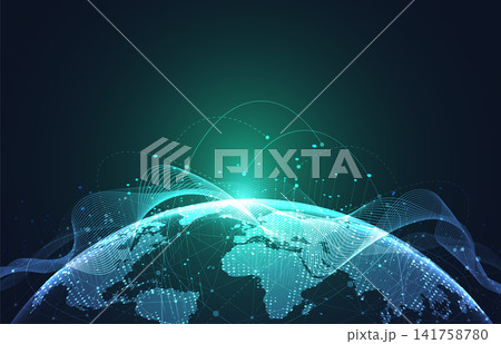 Futuristic digital earth globe with global network connection. Abstract big data visualization and glowing particle wave vector illustration. Futuristic digital earth globe with global network connection. Abstract big data visualization and glowing particle wave vector illustration. 141758780