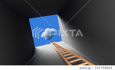 Wooden Ladder Leading Up Through Dark Shaft To A Single Cloud And Blue Sky Opening, Conceptual Escape 141758924