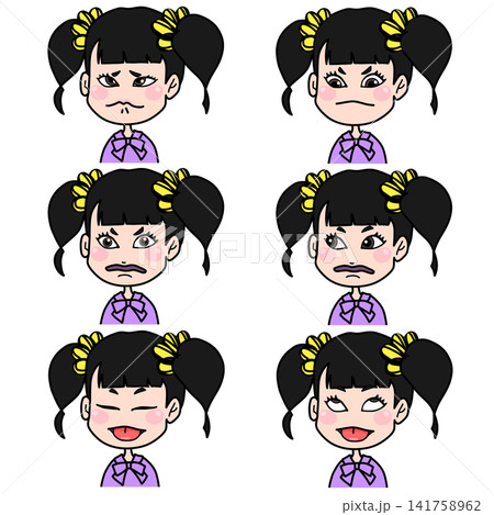 かわいい女の子キャラクターの表情セット すねる・不機嫌・驚き・困惑・笑顔・呆れ顔など6種類 かわいい女の子キャラクターの表情セット すねる・不機嫌・驚き・困惑・笑顔・呆れ顔など6種類 141758962