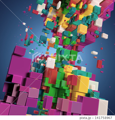 Vibrant 3D Cube Explosion Against a Gradient Blue Background Vibrant 3D Cube Explosion Against a Gradient Blue Background 141758967