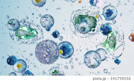 Colorful Biological and Molecular Spheres Floating in Clear Liquid Environment Colorful Biological and Molecular Spheres Floating in Clear Liquid Environment 141759158