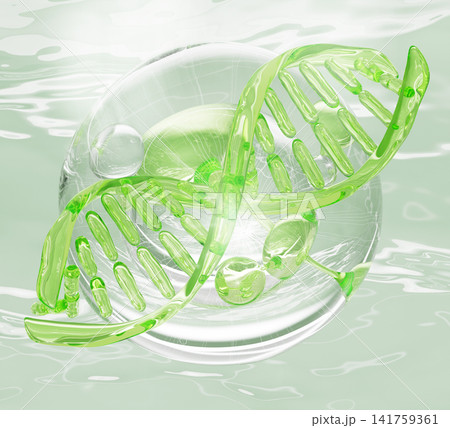 Bio cosmetics lab 3d background. Clear water bubble with green molecule, transparent liquid DNA structure and soft lighting. Natural skincare, beauty science, genetic research concept. 3D illustration 141759361