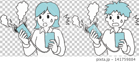 モバイルバッテリーが発火して驚く男性と女性のイラストセット(注意喚起・危険・2色・ベクター) モバイルバッテリーが発火して驚く男性と女性のイラストセット(注意喚起・危険・2色・ベクター) 141759884