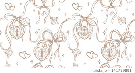 Vector wedding background. Seamless pattern in Coquette style. A padlock and key symbol love. Line monochrome sketch. Clipart for Valentine's Day marriages. Decorative element packaging paper, fabric. Vector wedding background. Seamless pattern in Coquette style. A padlock and key symbol love. Line monochrome sketch. Clipart for Valentine's Day marriages. Decorative element packaging paper, fabric. 141759891