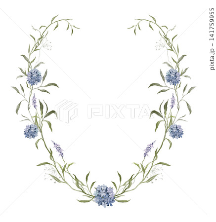 Watercolor floral wreath with blue hydrangeas and purple lavender with soft green leaves. botanical arrangement as frame for wedding invitations, baby shower stationery, greeting cards. Watercolor floral wreath with blue hydrangeas and purple lavender with soft green leaves. botanical arrangement as frame for wedding invitations, baby shower stationery, greeting cards. 141759955