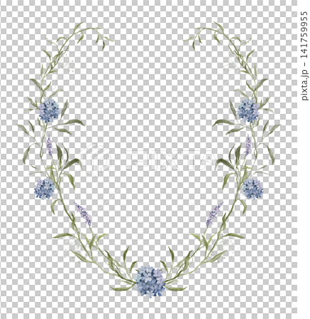 Watercolor floral wreath with blue hydrangeas and purple lavender with soft green leaves. botanical arrangement as frame for wedding invitations, baby shower stationery, greeting cards. Watercolor floral wreath with blue hydrangeas and purple lavender with soft green leaves. botanical arrangement as frame for wedding invitations, baby shower stationery, greeting cards. 141759955