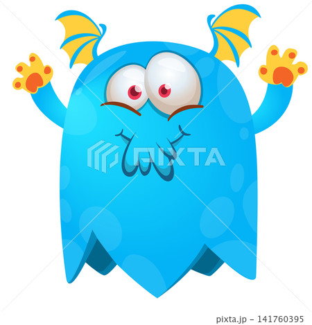 Cartoon cute and funny monster creature character design with scary horns and face expression waving hands . Vector illustration. For Halloween party decoration or package design Cartoon cute and funny monster creature character design with scary horns and face expression waving hands . Vector illustration. For Halloween party decoration or package design 141760395