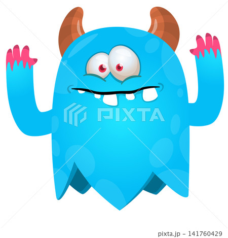 Cartoon cute and funny monster creature character design with scary horns and face expression waving hands . Vector illustration. For Halloween party decoration or package design Cartoon cute and funny monster creature character design with scary horns and face expression waving hands . Vector illustration. For Halloween party decoration or package design 141760429