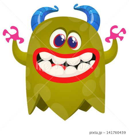 Cartoon cute and funny monster creature character design with scary horns and face expression waving hands . Vector illustration. For Halloween party decoration or package design Cartoon cute and funny monster creature character design with scary horns and face expression waving hands . Vector illustration. For Halloween party decoration or package design 141760439
