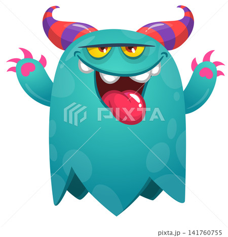 Cartoon cute and funny monster creature character design with scary horns and face expression waving hands . Vector illustration. For Halloween party decoration or package design Cartoon cute and funny monster creature character design with scary horns and face expression waving hands . Vector illustration. For Halloween party decoration or package design 141760755