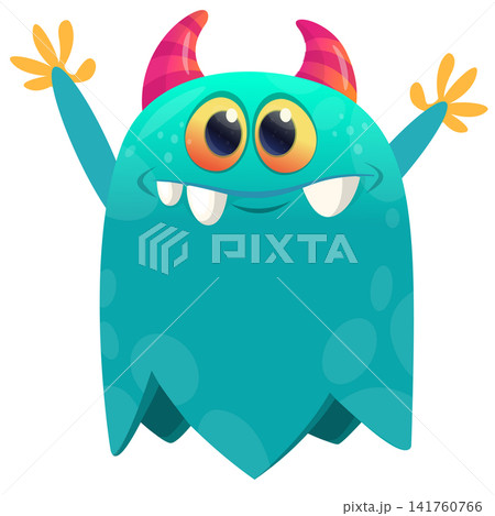 Cartoon cute and funny monster creature character design with scary horns and face expression waving hands . Vector illustration. For Halloween party decoration or package design Cartoon cute and funny monster creature character design with scary horns and face expression waving hands . Vector illustration. For Halloween party decoration or package design 141760766