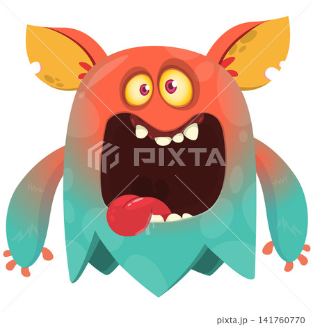 Cartoon cute and funny monster creature character design with scary horns and face expression waving hands . Vector illustration. For Halloween party decoration or package design Cartoon cute and funny monster creature character design with scary horns and face expression waving hands . Vector illustration. For Halloween party decoration or package design 141760770