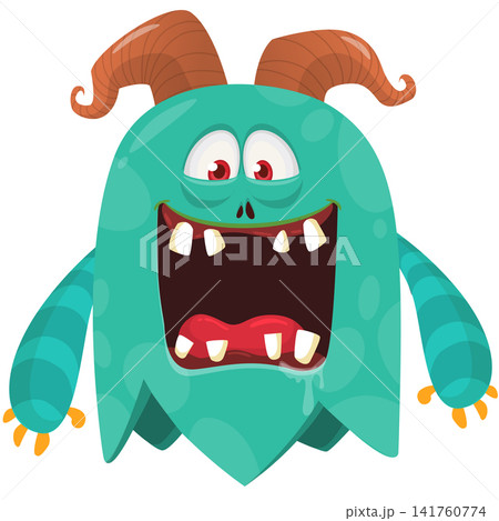 Cartoon cute and funny monster creature character design with scary horns and face expression waving hands . Vector illustration. For Halloween party decoration or package design 141760774