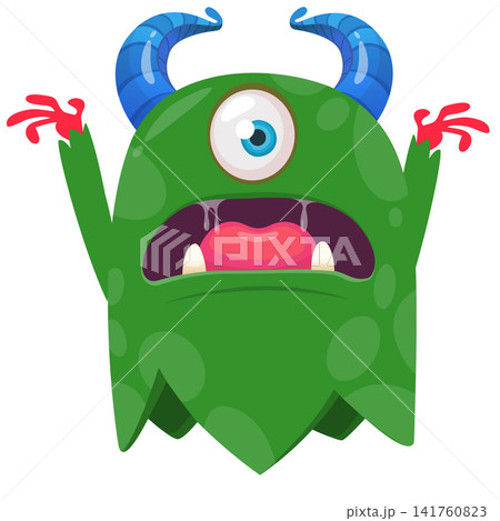 Cartoon cute and funny monster creature character design with scary horns and face expression waving hands . Vector illustration. For Halloween party decoration or package design 141760823