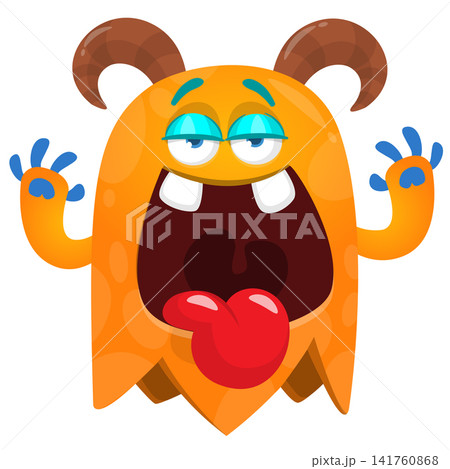 Cartoon cute and funny monster creature character design with scary horns and face expression waving hands . Vector illustration. For Halloween party decoration or package design 141760868