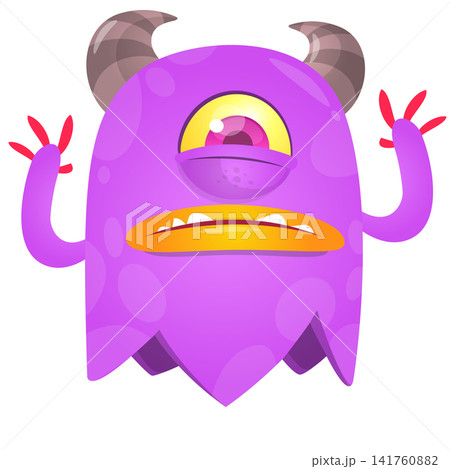 Cartoon cute and funny monster creature character design with scary horns and face expression waving hands . Vector illustration. For Halloween party decoration or package design 141760882