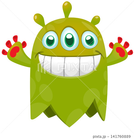 Cartoon cute and funny monster creature character design with scary horns and face expression waving hands . Vector illustration. For Halloween party decoration or package design Cartoon cute and funny monster creature character design with scary horns and face expression waving hands . Vector illustration. For Halloween party decoration or package design 141760889