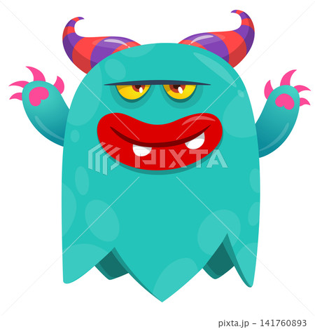 Cartoon cute and funny monster creature character design with scary horns and face expression waving hands . Vector illustration. For Halloween party decoration or package design Cartoon cute and funny monster creature character design with scary horns and face expression waving hands . Vector illustration. For Halloween party decoration or package design 141760893
