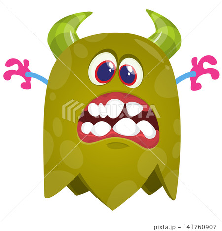 Cartoon cute and funny monster creature character design with scary horns and face expression waving hands . Vector illustration. For Halloween party decoration or package design Cartoon cute and funny monster creature character design with scary horns and face expression waving hands . Vector illustration. For Halloween party decoration or package design 141760907