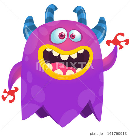 Cartoon cute and funny monster creature character design with scary horns and face expression waving hands . Vector illustration. For Halloween party decoration or package design 141760918