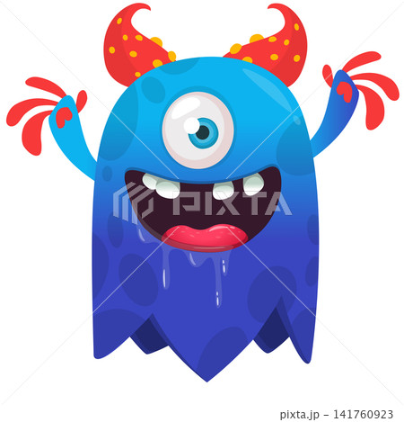 Cartoon cute and funny monster creature character design with scary horns and face expression waving hands . Vector illustration. For Halloween party decoration or package design Cartoon cute and funny monster creature character design with scary horns and face expression waving hands . Vector illustration. For Halloween party decoration or package design 141760923