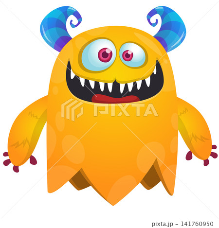 Cartoon cute and funny monster creature character design with scary horns and face expression waving hands . Vector illustration. For Halloween party decoration or package design 141760950