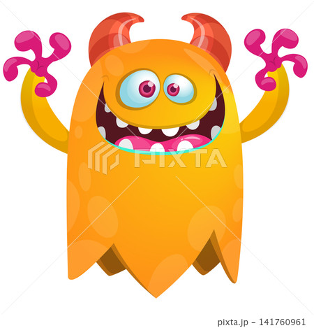 Cartoon cute and funny monster creature character design with scary horns and face expression waving hands . Vector illustration. For Halloween party decoration or package design Cartoon cute and funny monster creature character design with scary horns and face expression waving hands . Vector illustration. For Halloween party decoration or package design 141760961