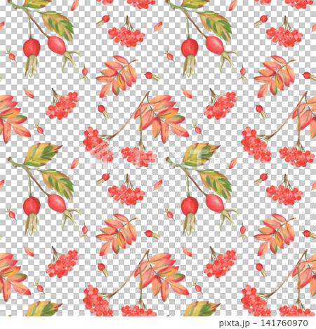 Small Watercolor Autumn Rose Hip and Rowan Seamless Pattern Small Watercolor Autumn Rose Hip and Rowan Seamless Pattern 141760970