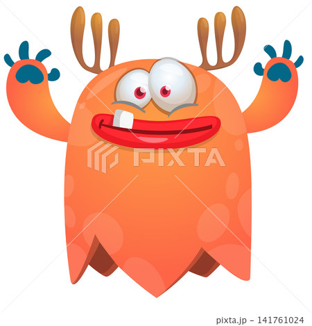 Cartoon cute and funny monster character design with scary face expression waving hands . Vector illustration. For Halloween party decoration or package design 141761024