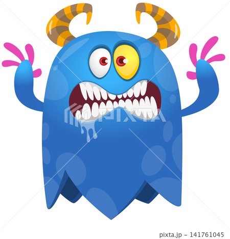 Cartoon cute and funny monster character design with scary face expression waving hands . Vector illustration. For Halloween party decoration or package design 141761045