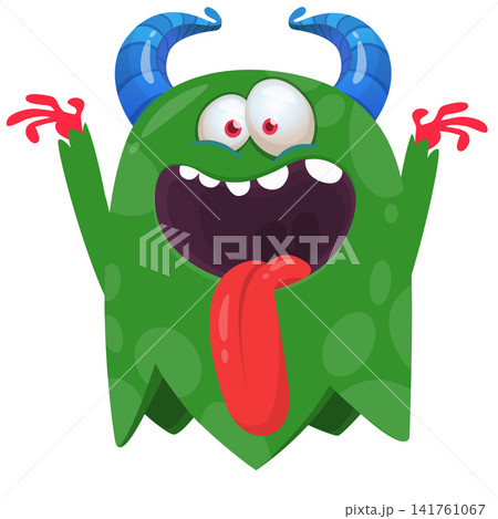 Cartoon cute and funny monster character design with scary face expression waving hands . Vector illustration. For Halloween party decoration or package design 141761067
