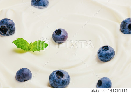 Blueberries and Mint on Creamy Yogurt Texture Blueberries and Mint on Creamy Yogurt Texture 141761111