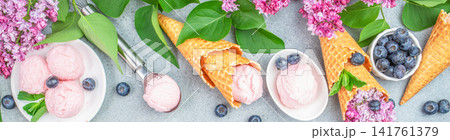 Strawberry ice cream cones with blueberries and lilac flowers banner Strawberry ice cream cones with blueberries and lilac flowers banner 141761379