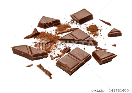 Broken Dark Chocolate Pieces with Cocoa Powder Isolated on White Background 141761400
