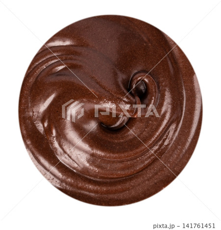 Round swirl of melted chocolate isolated on light background with glossy cocoa texture Round swirl of melted chocolate isolated on light background with glossy cocoa texture 141761451