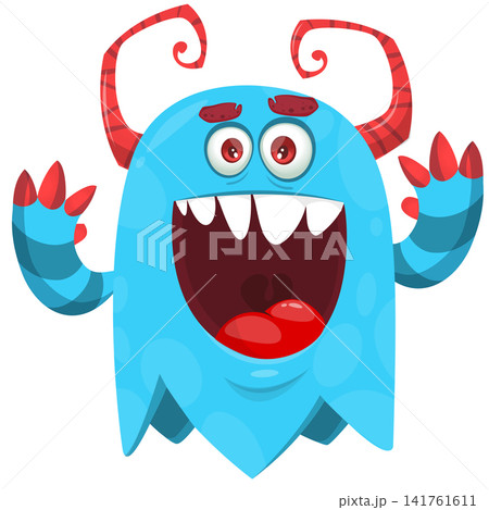 Cartoon cute and funny monster with scary face expression waving hands . Vector illustration isolated on white. For Halloween party decoration or package design Cartoon cute and funny monster with scary face expression waving hands . Vector illustration isolated on white. For Halloween party decoration or package design 141761611