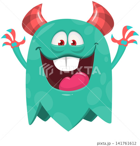 Cartoon cute and funny monster with scary face expression waving hands . Vector illustration isolated on white. For Halloween party decoration or package design Cartoon cute and funny monster with scary face expression waving hands . Vector illustration isolated on white. For Halloween party decoration or package design 141761612
