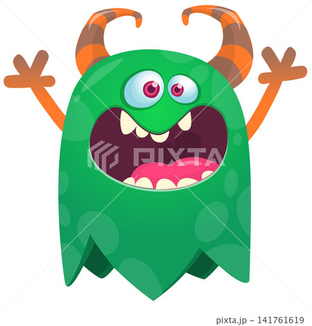 Cartoon cute and funny monster with scary face expression waving hands . Vector illustration isolated on white. For Halloween party decoration or package design Cartoon cute and funny monster with scary face expression waving hands . Vector illustration isolated on white. For Halloween party decoration or package design 141761619