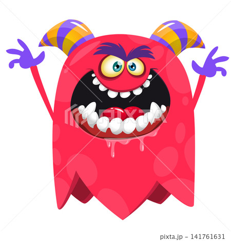 Cartoon cute and funny monster with scary face expression waving hands . Vector illustration isolated on white. For Halloween party decoration or package design Cartoon cute and funny monster with scary face expression waving hands . Vector illustration isolated on white. For Halloween party decoration or package design 141761631
