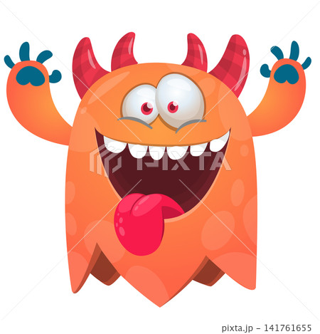 Cartoon cute and funny monster with scary face expression waving hands . Vector illustration isolated on white. For Halloween party decoration or package design 141761655