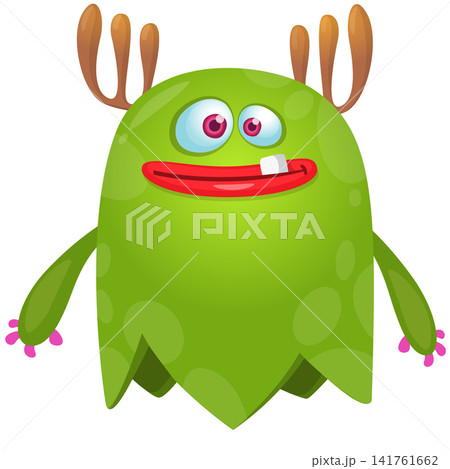 Cartoon cute and funny monster with scary face expression waving hands . Vector illustration isolated on white. For Halloween party decoration or package design 141761662