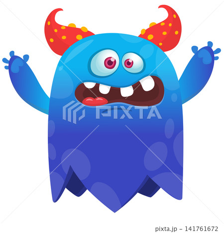 Cartoon cute and funny monster with scary face expression waving hands . Vector illustration isolated on white. For Halloween party decoration or package design Cartoon cute and funny monster with scary face expression waving hands . Vector illustration isolated on white. For Halloween party decoration or package design 141761672