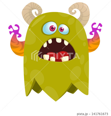 Cartoon cute and funny monster with scary face expression waving hands . Vector illustration isolated on white. For Halloween party decoration or package design 141761673