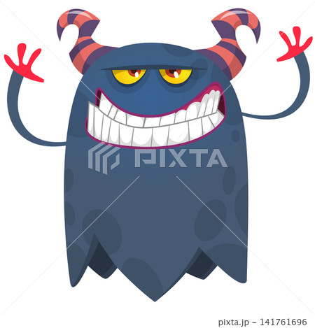 Cartoon cute and funny monster with scary face expression waving hands . Vector illustration isolated on white. For Halloween party decoration or package design Cartoon cute and funny monster with scary face expression waving hands . Vector illustration isolated on white. For Halloween party decoration or package design 141761696