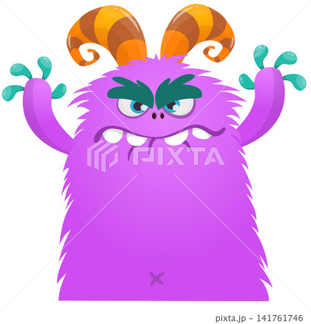 Cartoon cute and funny monster with scary face expression waving hands . Vector illustration isolated on white. For Halloween party decoration or package design Cartoon cute and funny monster with scary face expression waving hands . Vector illustration isolated on white. For Halloween party decoration or package design 141761746