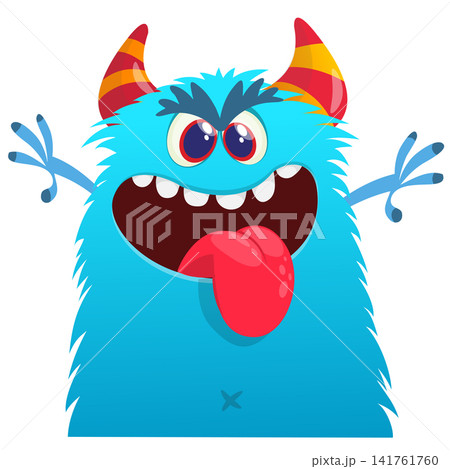 Cartoon cute and funny monster with scary face expression waving hands . Vector illustration isolated on white. For Halloween party decoration or package design Cartoon cute and funny monster with scary face expression waving hands . Vector illustration isolated on white. For Halloween party decoration or package design 141761760