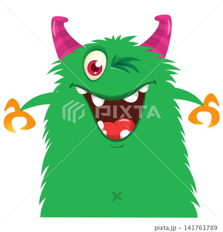 Cartoon cute and funny monster with scary face expression waving hands . Vector illustration isolated on white. For Halloween party decoration or package design Cartoon cute and funny monster with scary face expression waving hands . Vector illustration isolated on white. For Halloween party decoration or package design 141761789