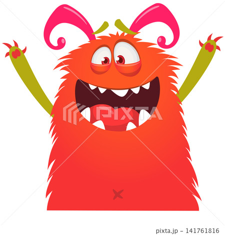 Cartoon cute and funny monster with scary face expression waving hands . Vector illustration isolated on white. For Halloween party decoration or package design 141761816