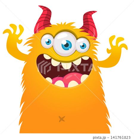Cartoon cute and funny monster with scary face expression waving hands . Vector illustration isolated on white. For Halloween party decoration or package design 141761823