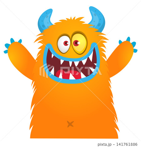 Cartoon cute and funny monster with scary face expression waving hands . Vector illustration isolated on white. For Halloween party decoration or package design 141761886